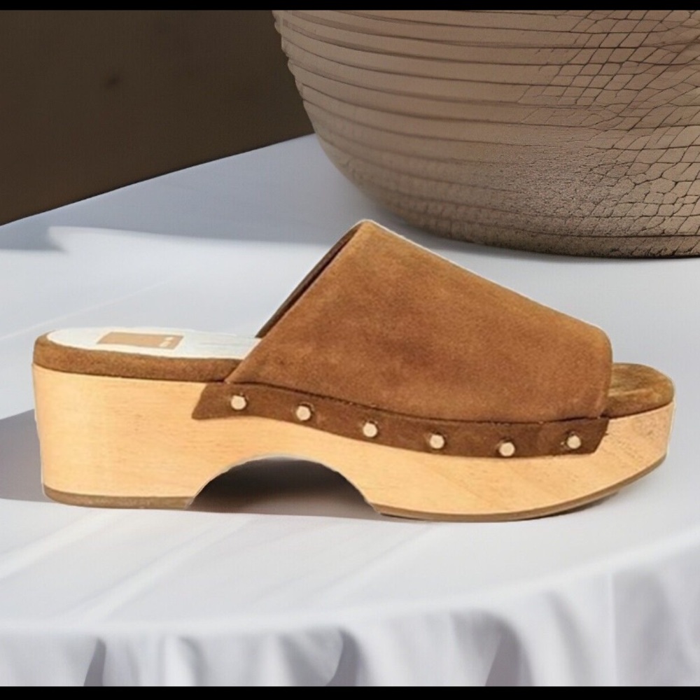 Dolce Vita Women's Dorado Open Toe Clogs Suede Leather Wood Heels Gold Hardware